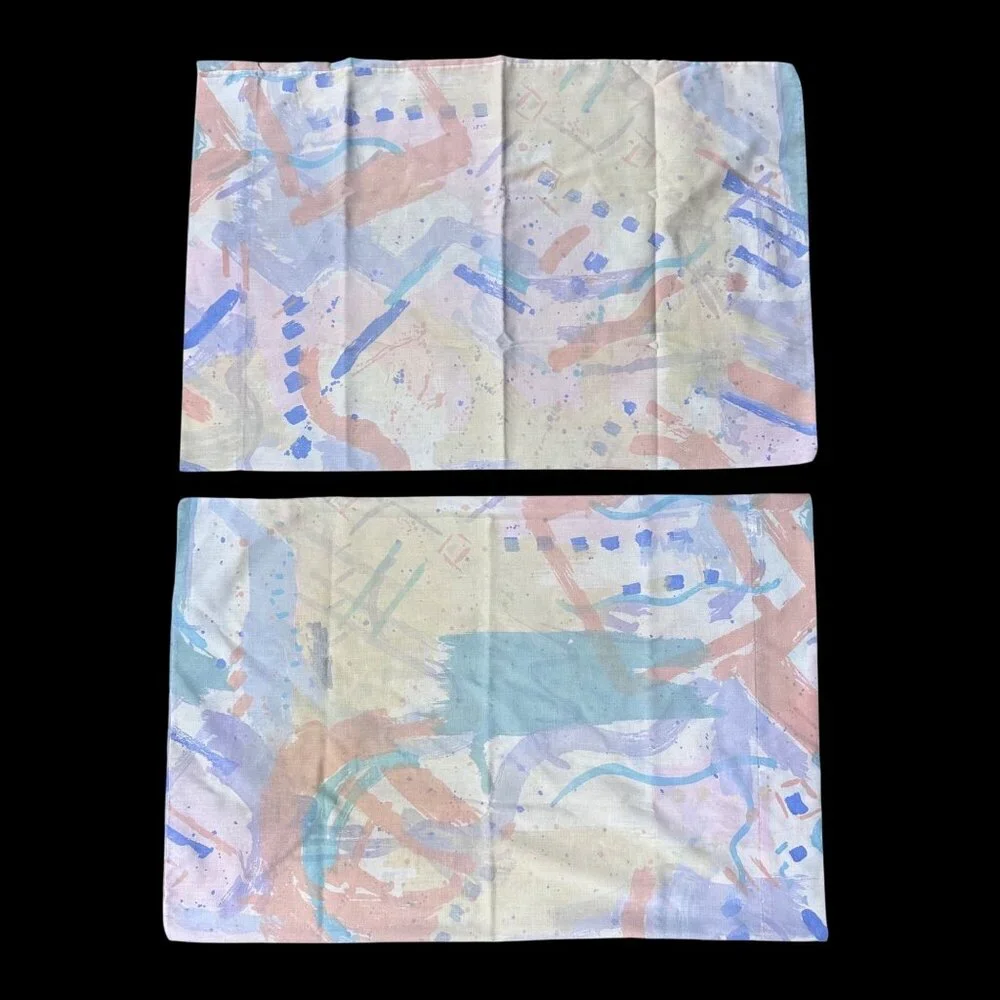 Vintage Pillowcases 80s Cannon USA Standard Abstract Pastel Splash Retro Bedding